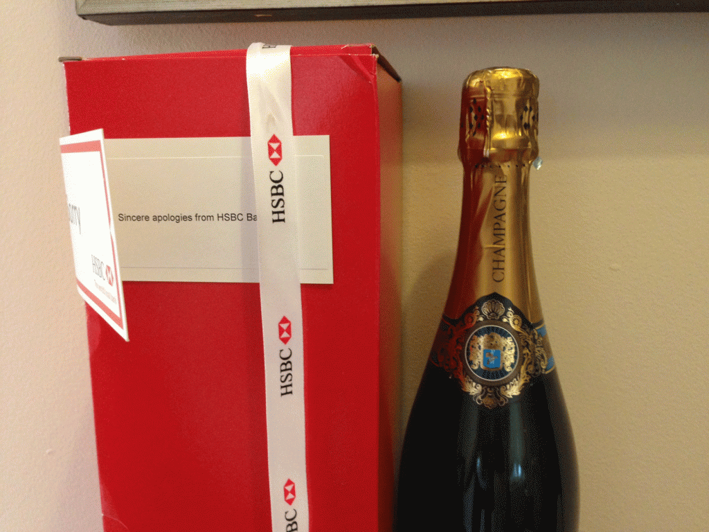 A way of apologising: the champagne with a sorry card sent to Miss Stavreva from HSBC