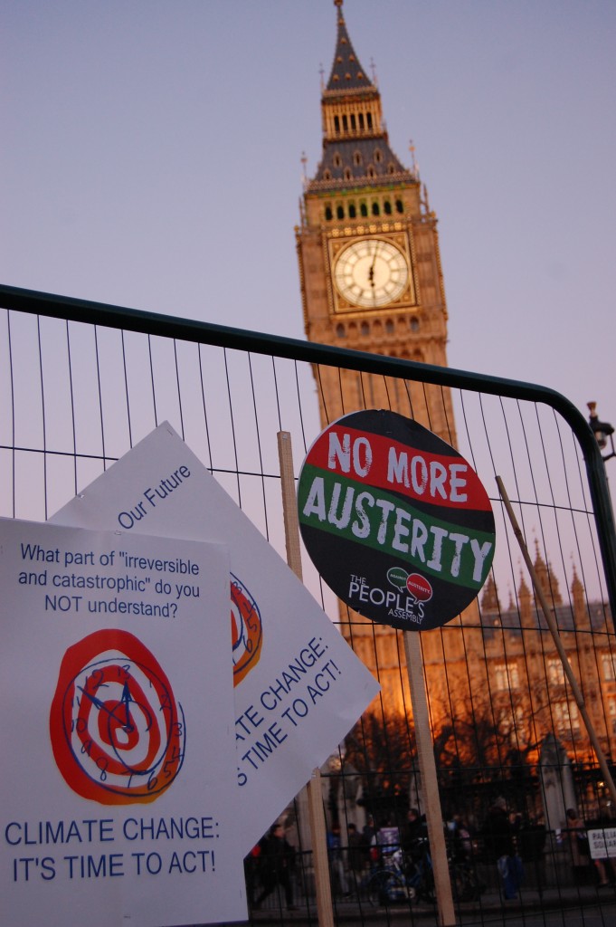 Signs in front of the Parliament at the end of the protest. (Emilie Herman)