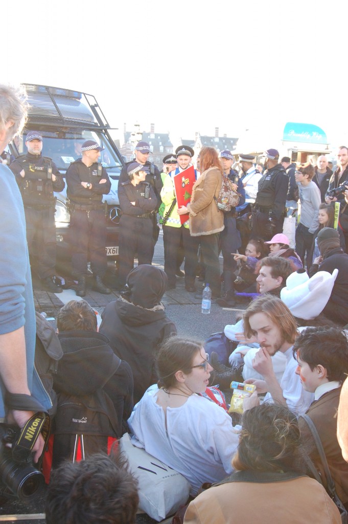 A calm atmosphere between the police and the protesters on Westminster Bridge a few minutes before the altercation. (Emilie Herman)
